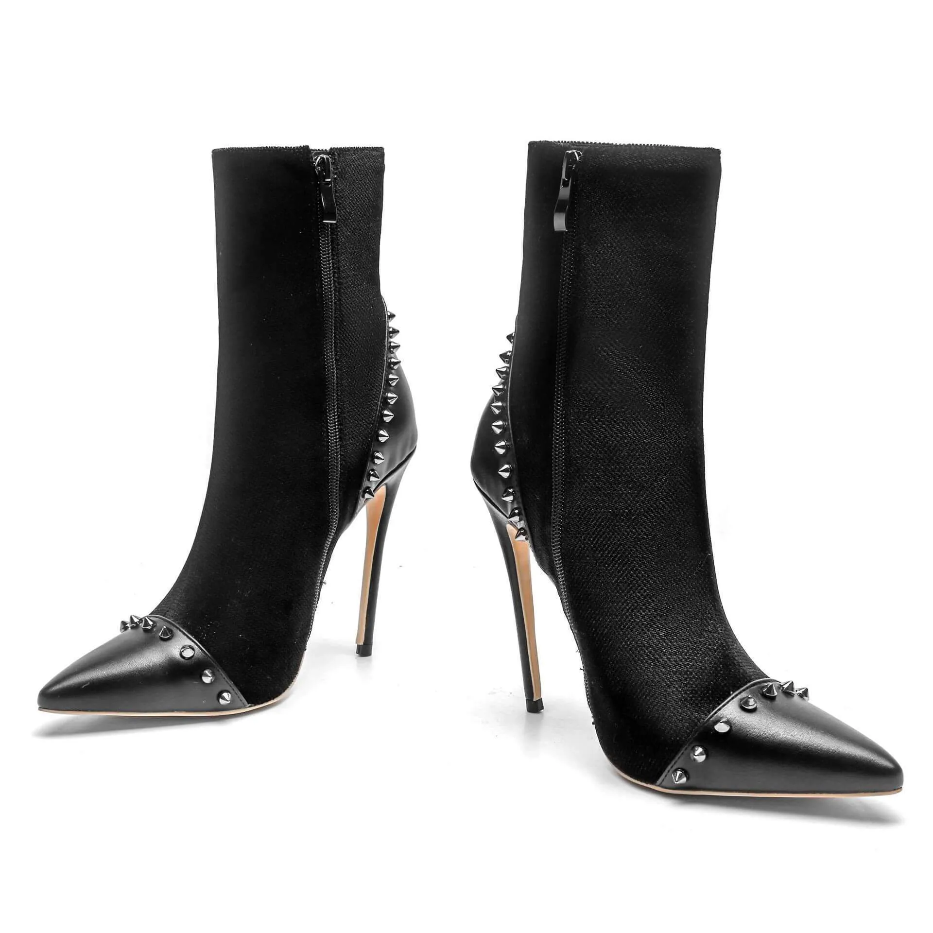 Black Rivet High Heel Pointed Toe Calf Boots