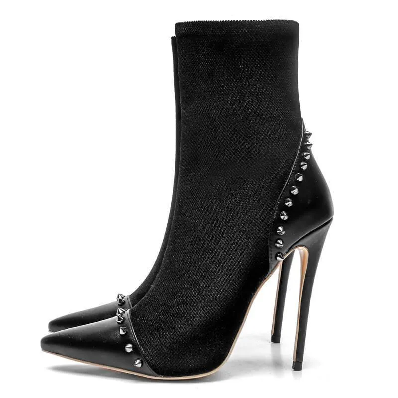 Black Rivet High Heel Pointed Toe Calf Boots