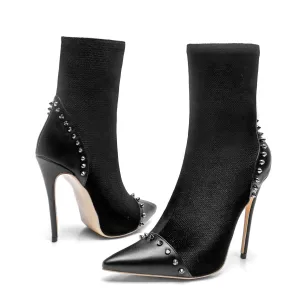 Black Rivet High Heel Pointed Toe Calf Boots