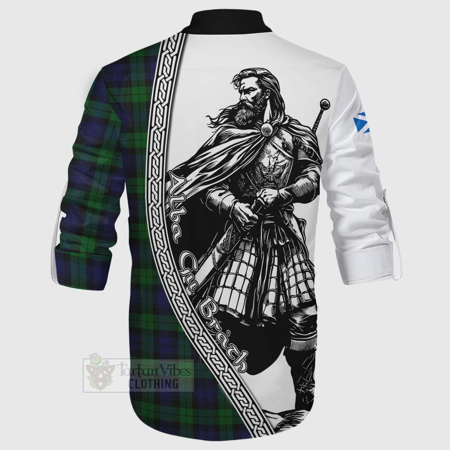 Black Watch Tartan Clan Crest Ghillie Kilt Shirt with Highlander Warrior Celtic Style