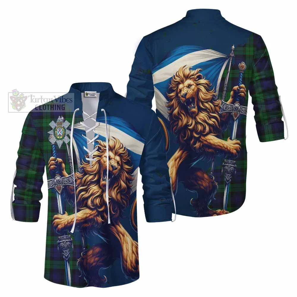 Black Watch Tartan Family Crest Ghillie Kilt Shirt with Scottish Majestic Lion