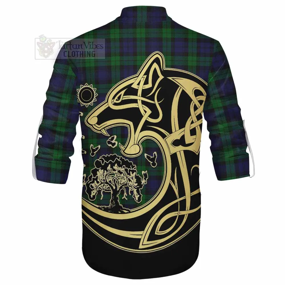 Black Watch Tartan Ghillie Kilt Shirt with Family Crest Celtic Wolf Style