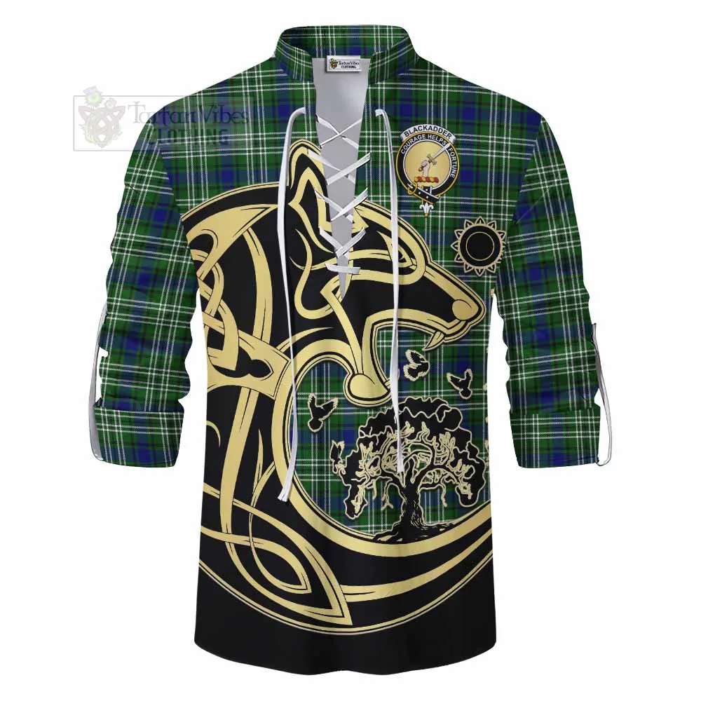 Blackadder Tartan Ghillie Kilt Shirt with Family Crest Celtic Wolf Style