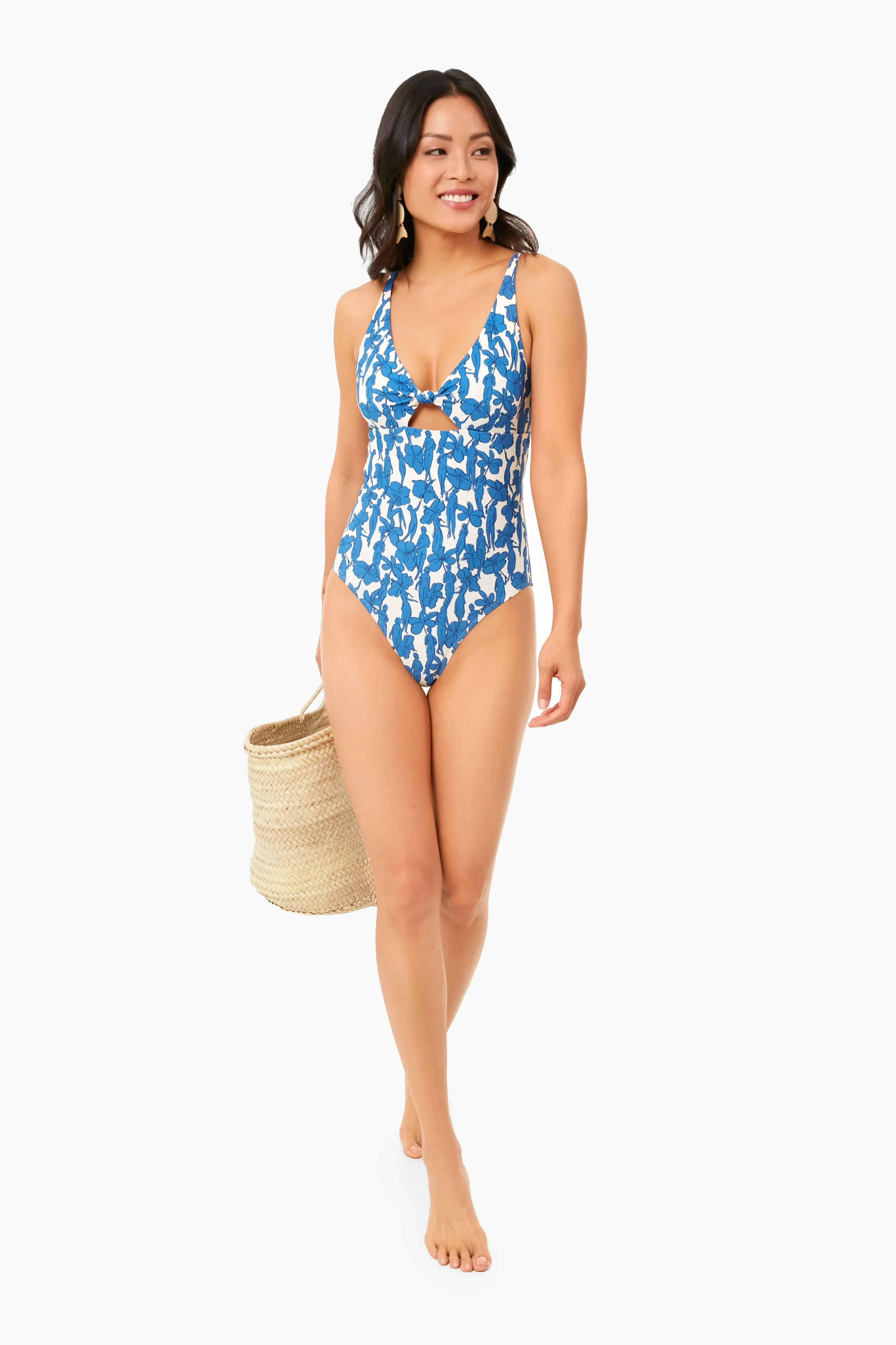 Blue Hibiscus Printed Knot One-Piece