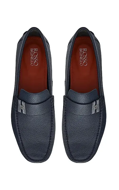 Blue Textured Leather Moccasins
