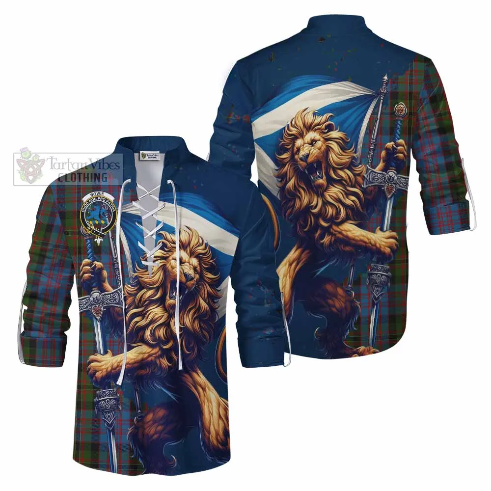 Bowie Tartan Family Crest Ghillie Kilt Shirt with Scottish Majestic Lion