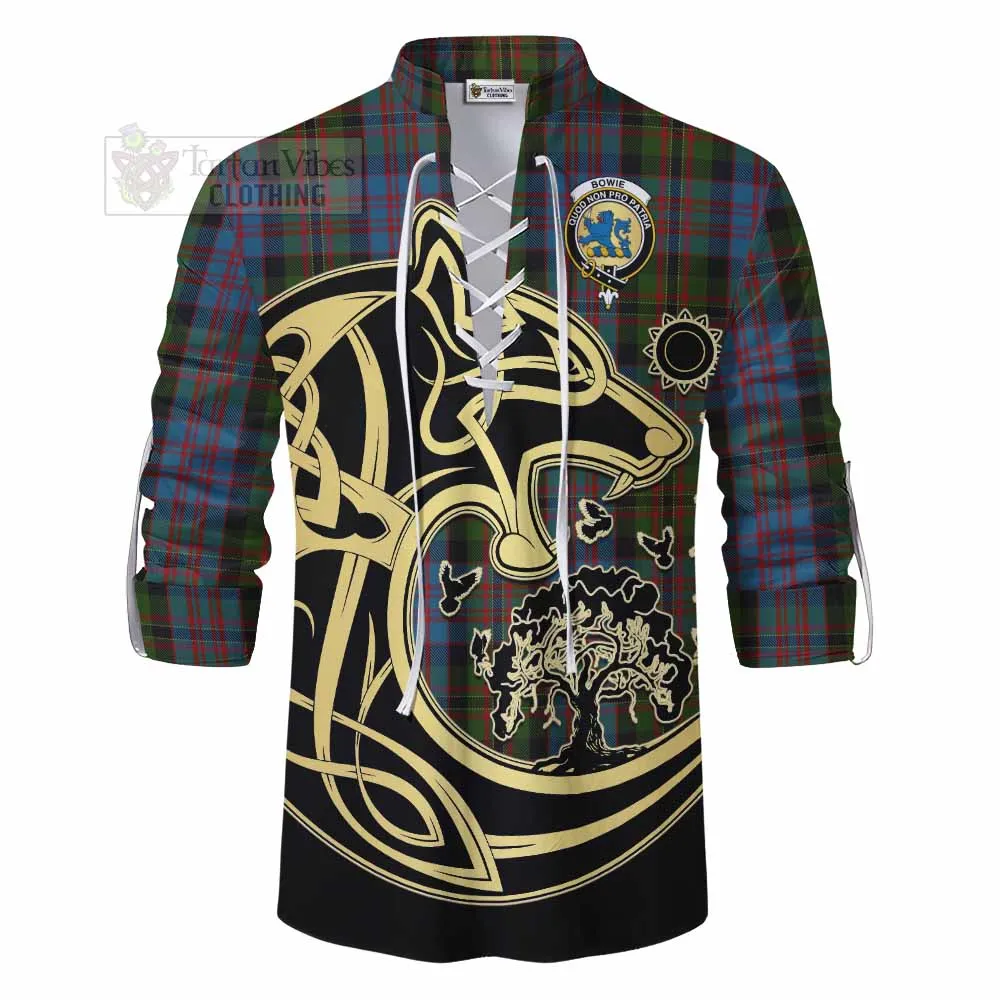 Bowie Tartan Ghillie Kilt Shirt with Family Crest Celtic Wolf Style