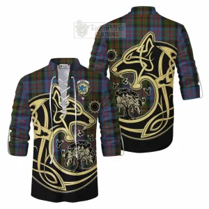 Bowie Tartan Ghillie Kilt Shirt with Family Crest Celtic Wolf Style