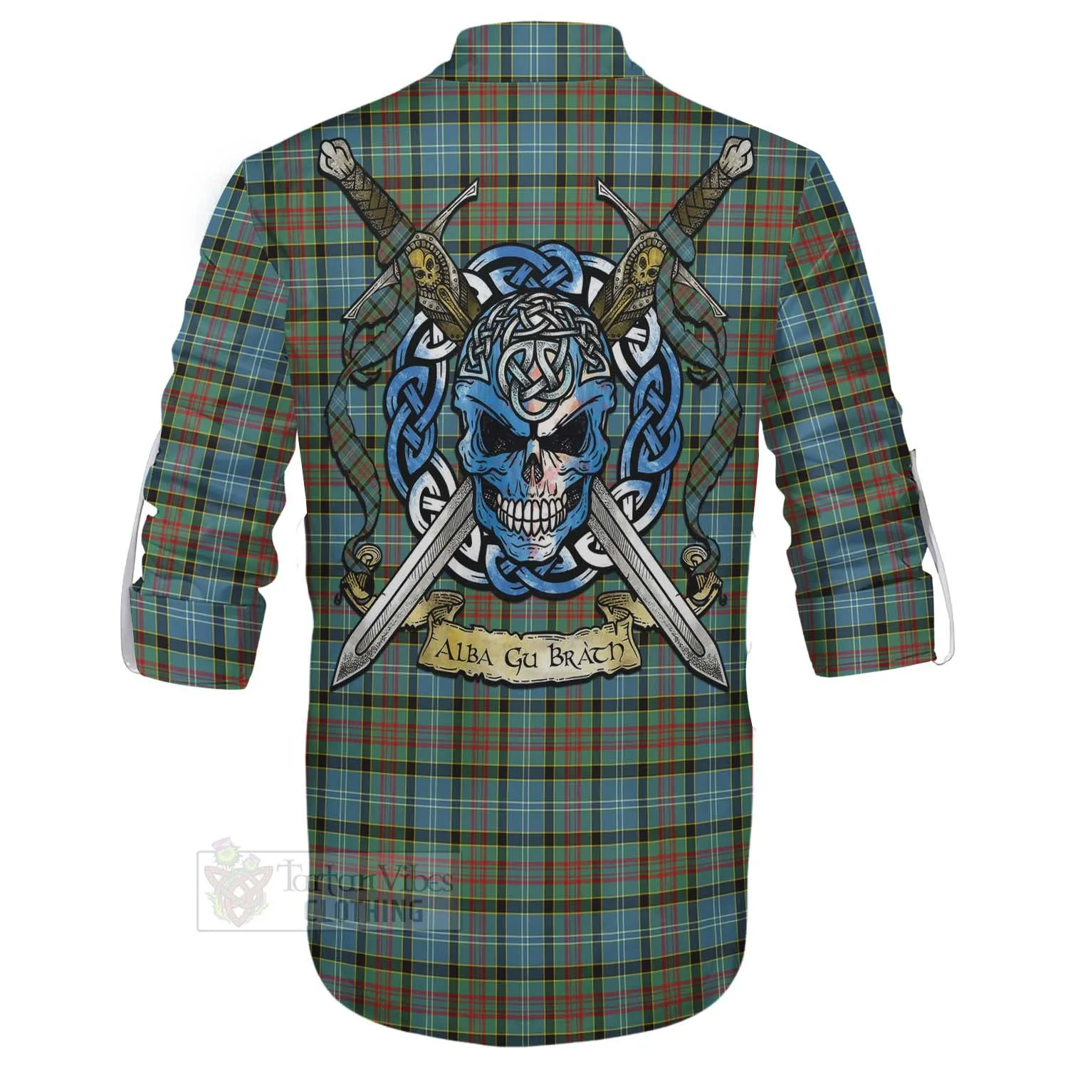 Brisbane Tartan Ghillie Kilt Shirt with Family Crest Celtic Skull Style