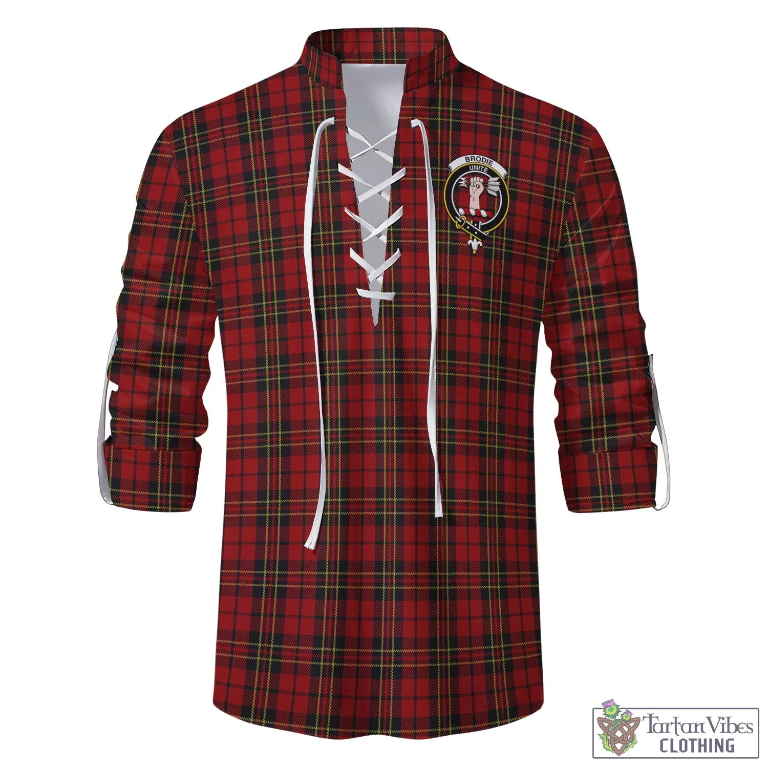 Brodie Tartan Men's Scottish Traditional Jacobite Ghillie Kilt Shirt with Family Crest