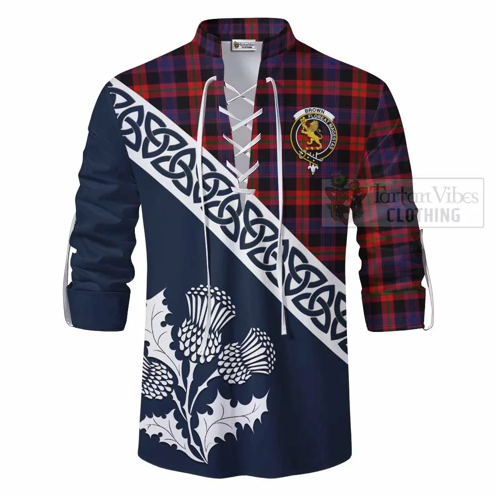 Brown (Broun) Tartan Ghillie Kilt Shirt Featuring Thistle and Scotland Map