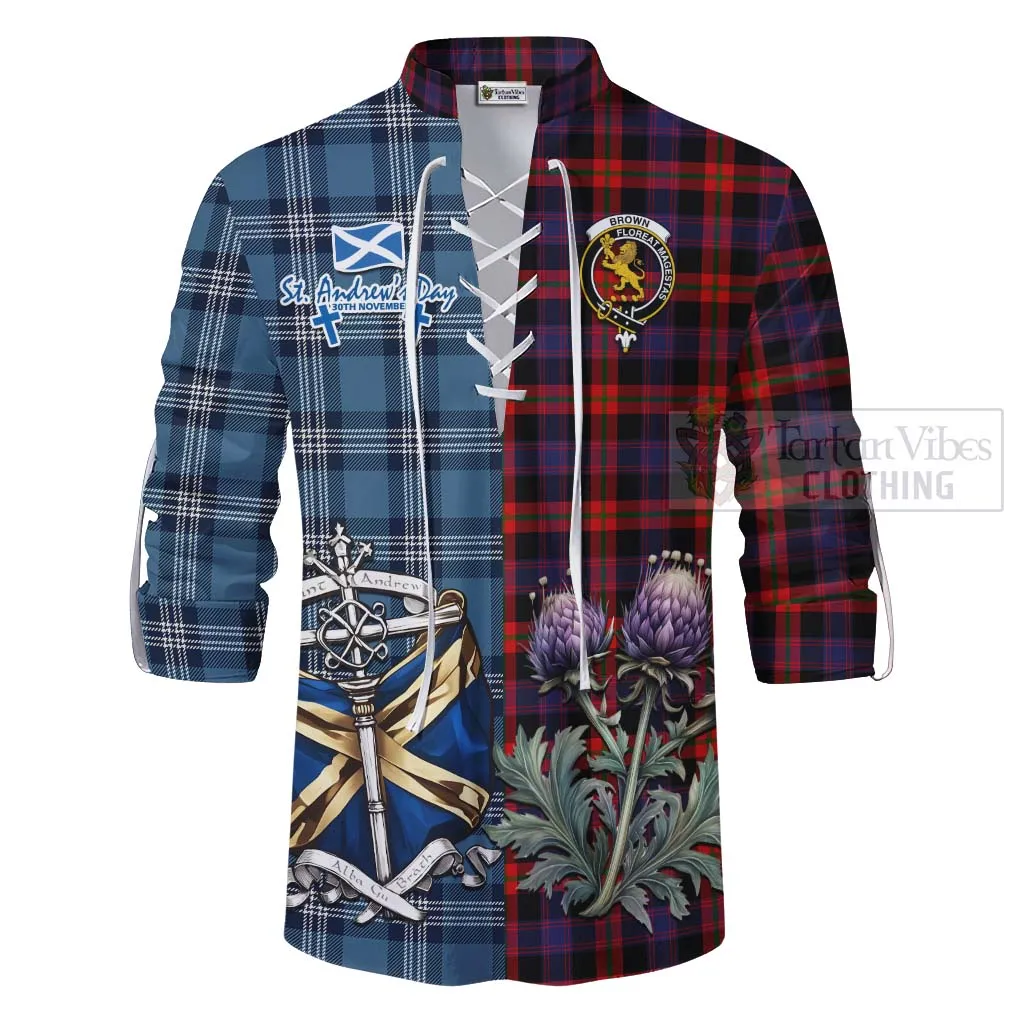 Brown (Broun) Tartan Ghillie Kilt Shirt Happy St. Andrew's Day Half Tartan Style