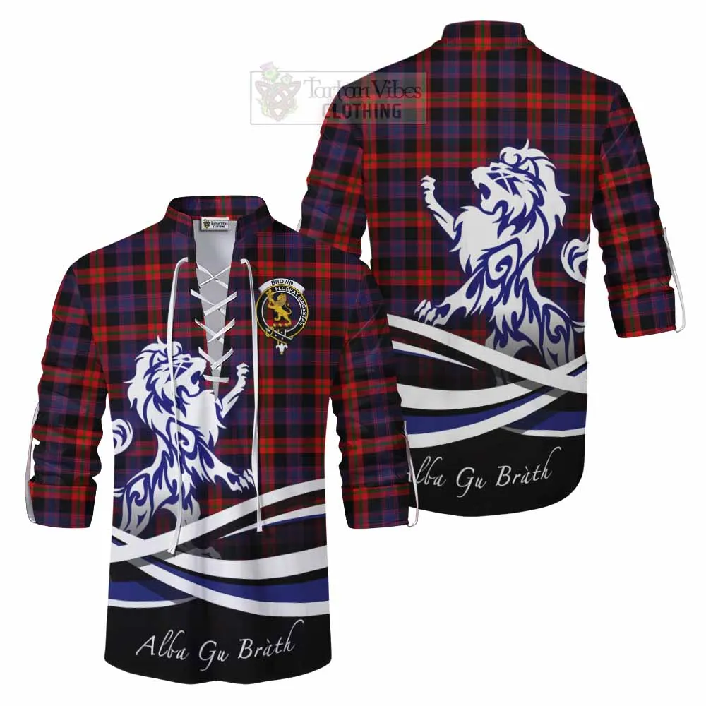 Brown (Broun) Tartan Ghillie Kilt Shirt with Alba Gu Brath Regal Lion Emblem