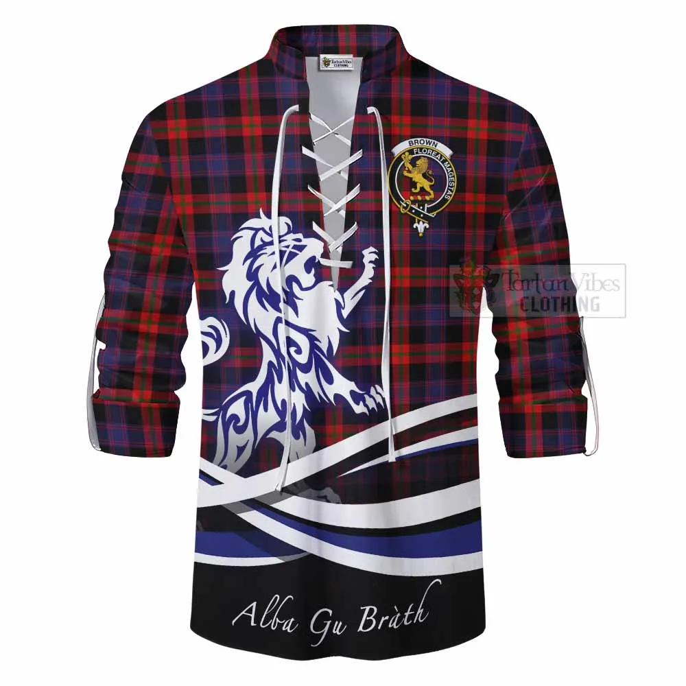 Brown (Broun) Tartan Ghillie Kilt Shirt with Alba Gu Brath Regal Lion Emblem
