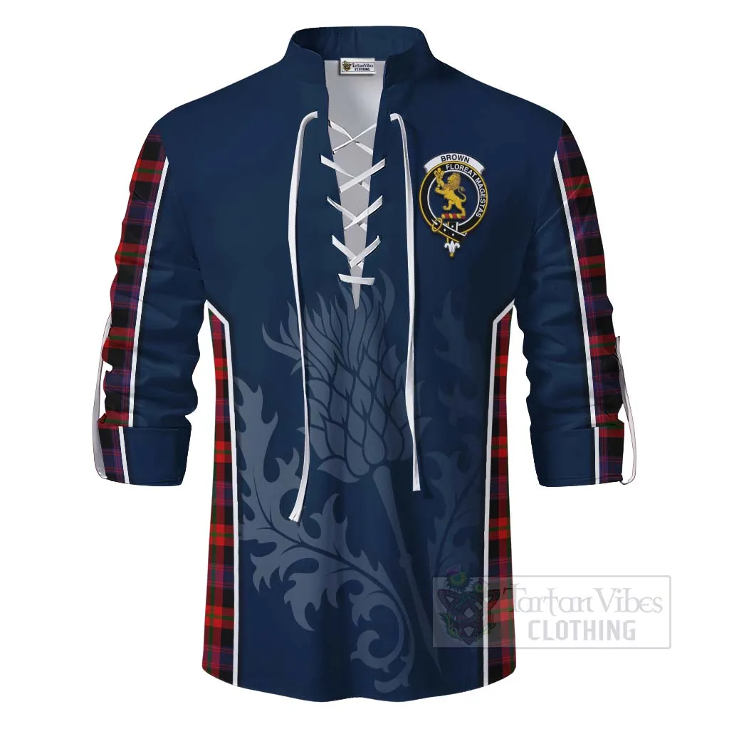 Brown (Broun) Tartan Ghillie Kilt Shirt with Family Crest and Scottish Thistle Vibes Sport Style