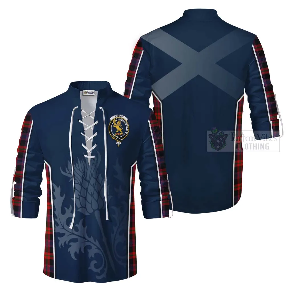 Brown (Broun) Tartan Ghillie Kilt Shirt with Family Crest and Scottish Thistle Vibes Sport Style