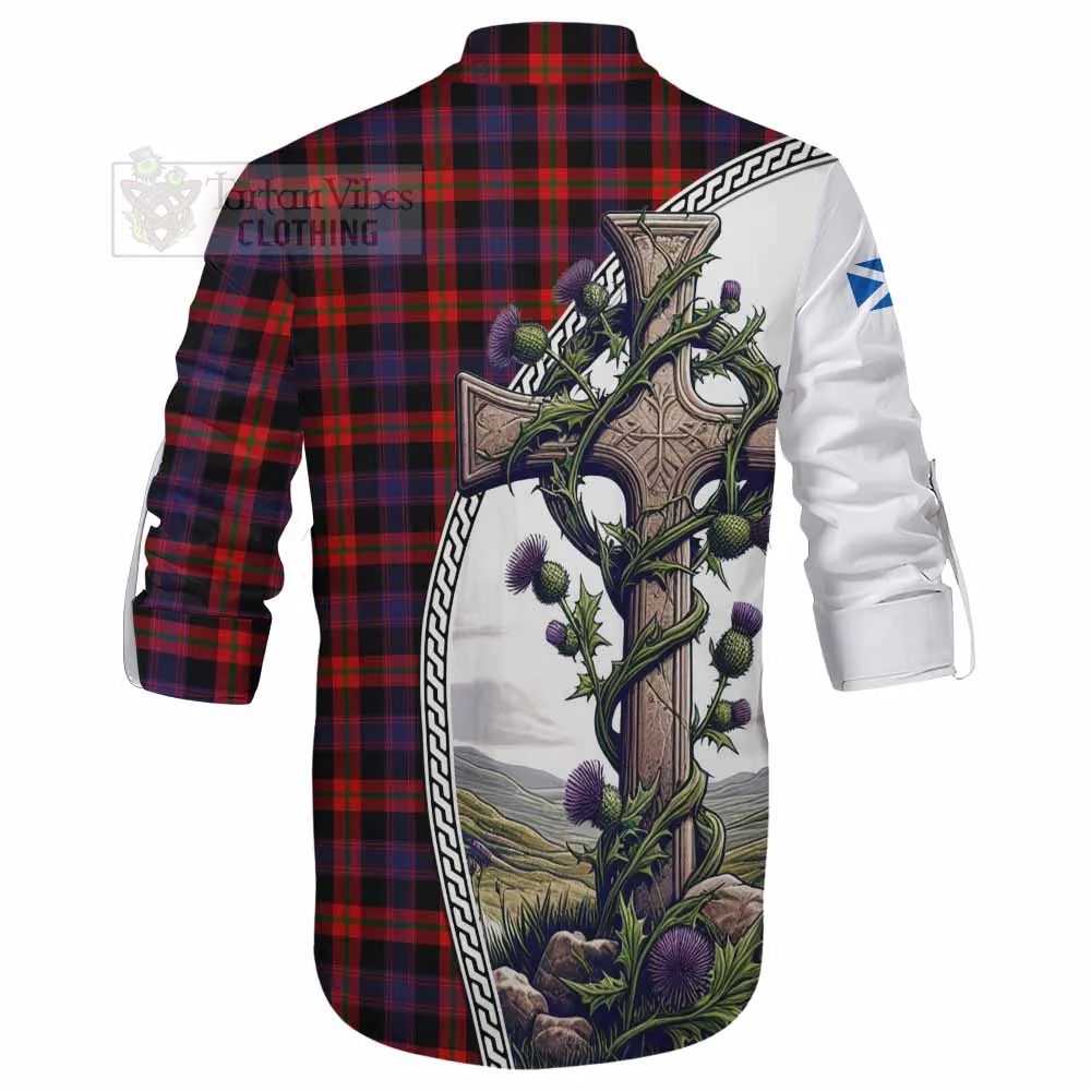 Brown (Broun) Tartan Ghillie Kilt Shirt with Family Crest and St. Andrew's Cross Accented by Thistle Vines