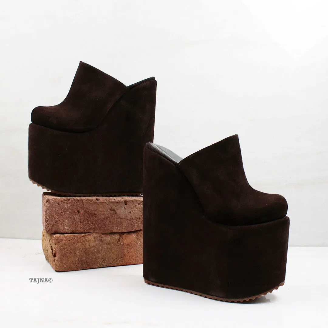 Brown Sabo Platform Heel Wedge Mules