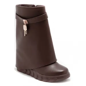 BRYONY CHOCOLATE BROWN WEDGE OVERLAP ANKLE BOOTS