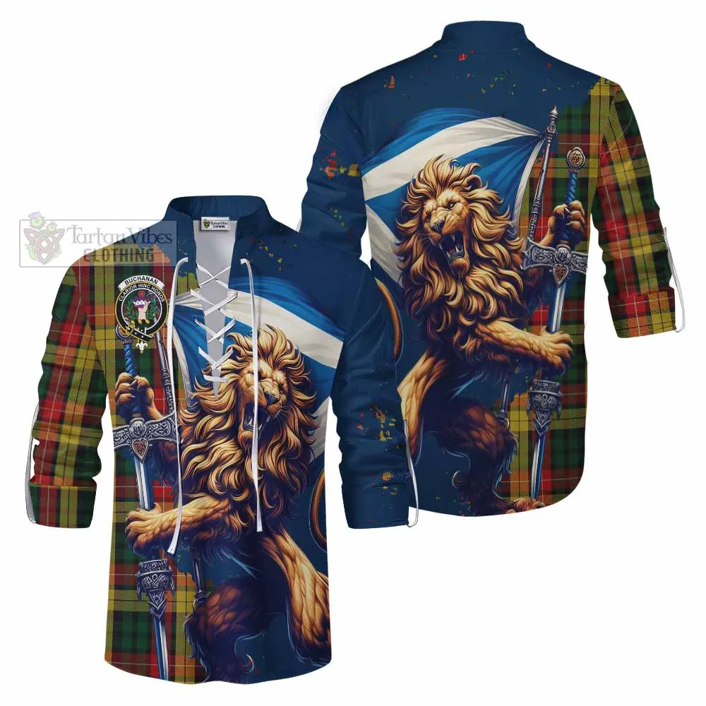 Buchanan Tartan Family Crest Ghillie Kilt Shirt with Scottish Majestic Lion