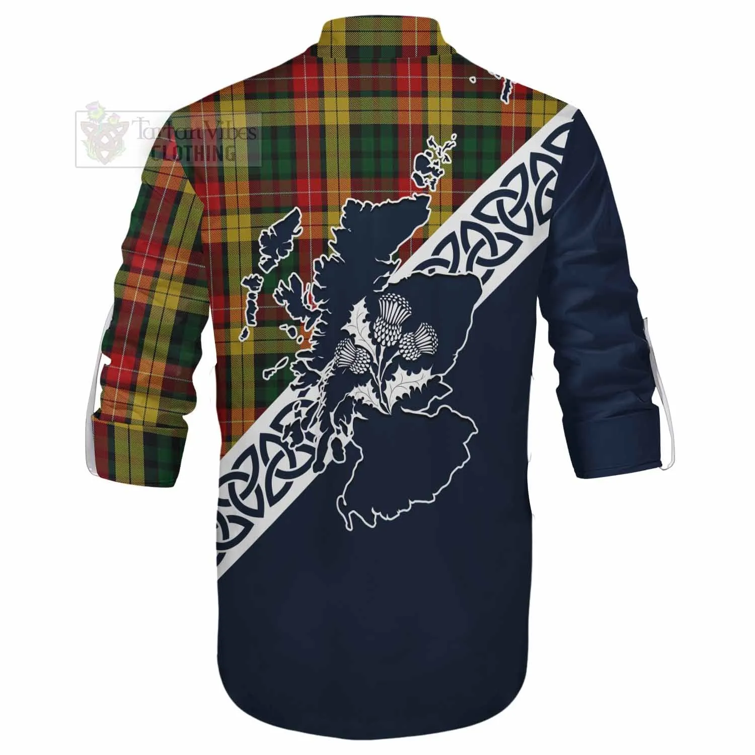 Buchanan Tartan Ghillie Kilt Shirt Featuring Thistle and Scotland Map