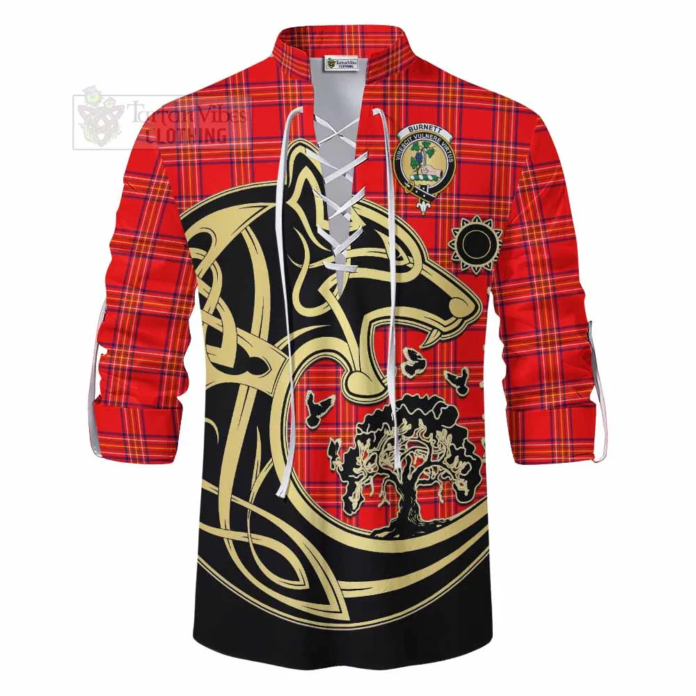 Burnett Tartan Ghillie Kilt Shirt with Family Crest Celtic Wolf Style