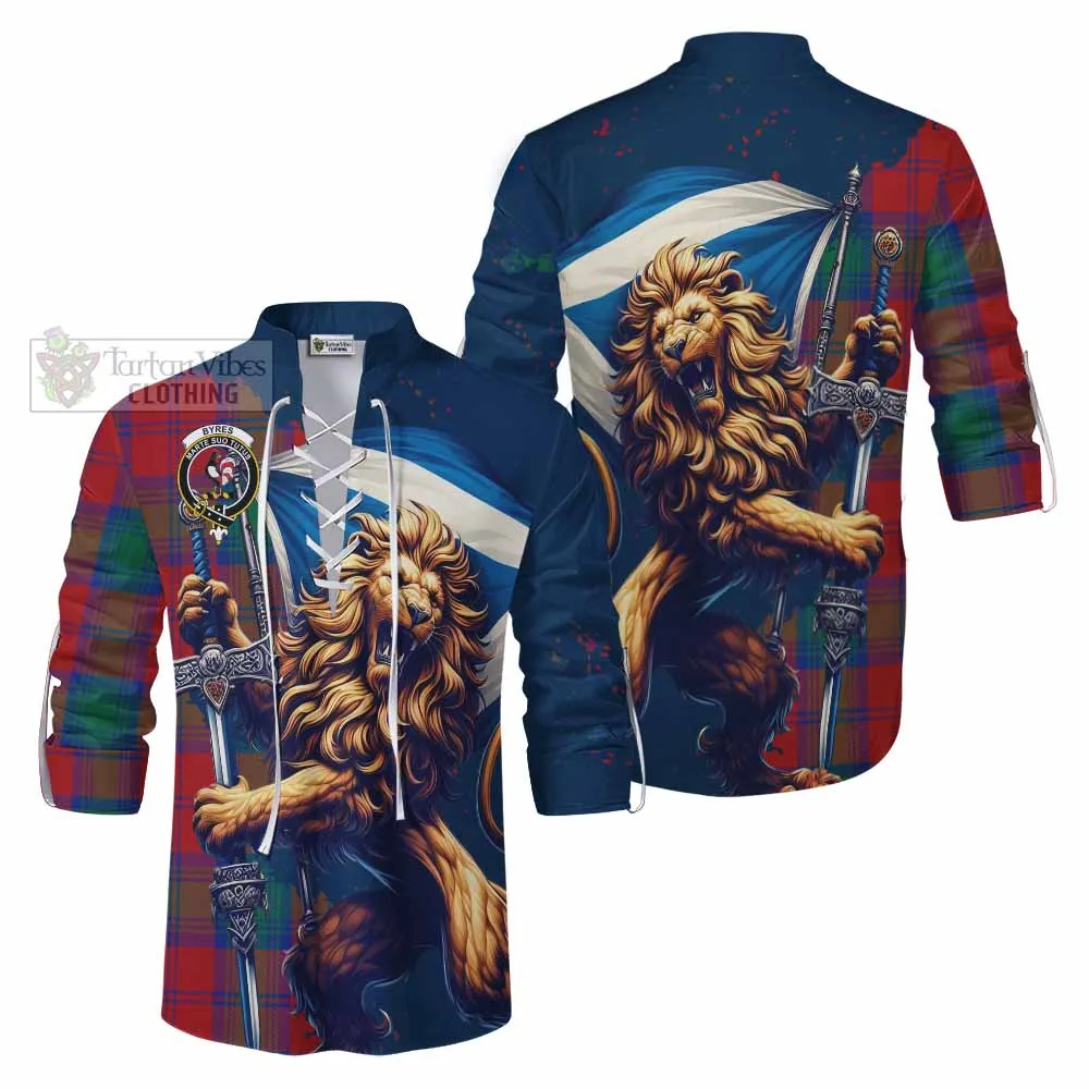 Byres (Byses) Tartan Family Crest Ghillie Kilt Shirt with Scottish Majestic Lion