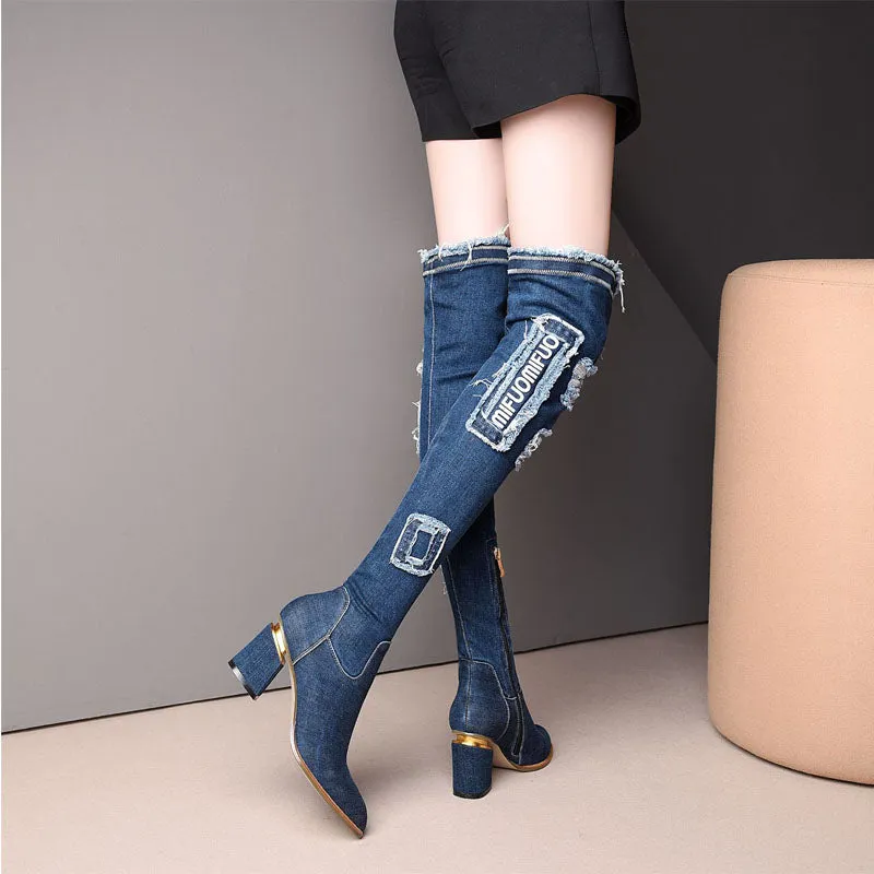 Casual Blue Denim Ripped Chunky Heel Over Knee Boots