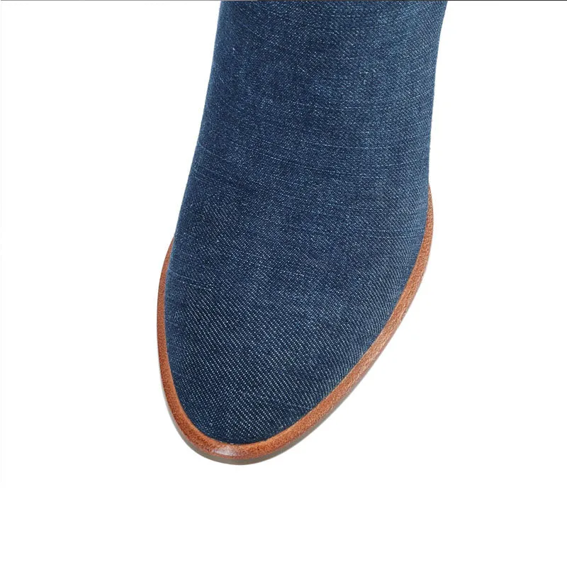Casual Blue Denim Ripped Chunky Heel Over Knee Boots