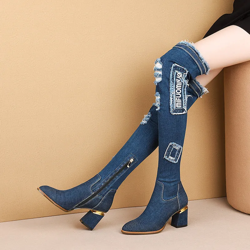 Casual Blue Denim Ripped Chunky Heel Over Knee Boots