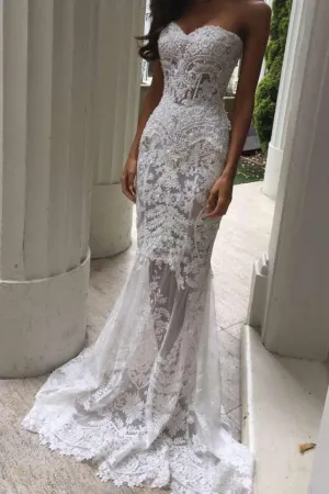 Charming White Lace Mermaid Sexy Sweetheart Sexy Long Beach Wedding Dresses PFW0254