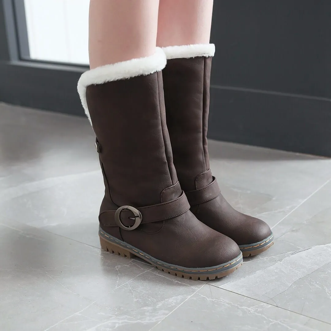 Chunky Low Heel Buckle Mid Calf Boots