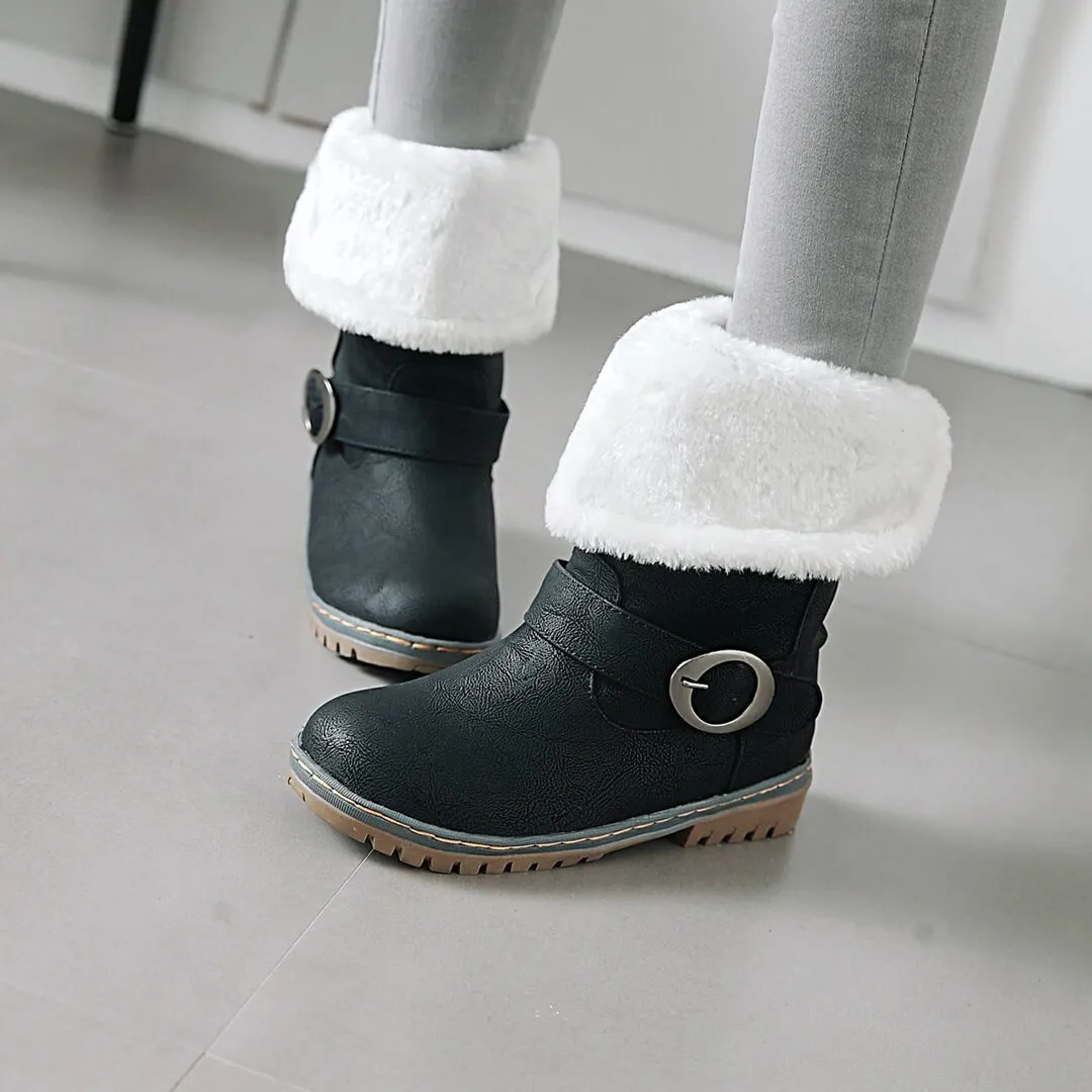 Chunky Low Heel Buckle Mid Calf Boots