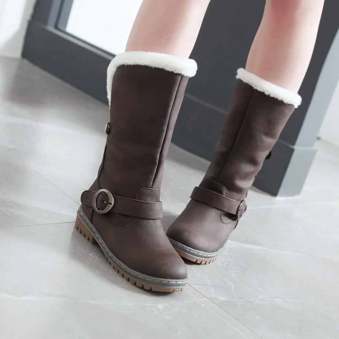 Chunky Low Heel Buckle Mid Calf Boots