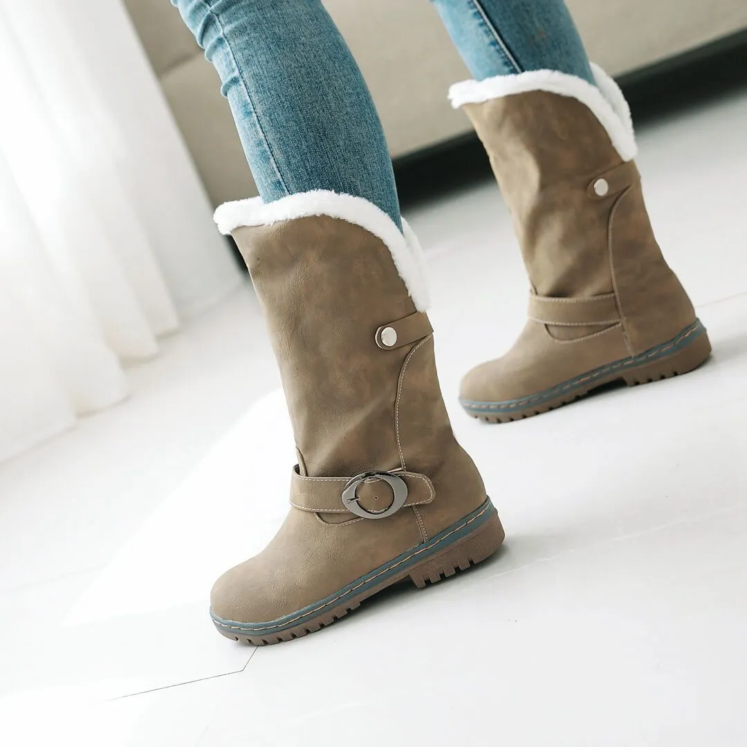 Chunky Low Heel Buckle Mid Calf Boots