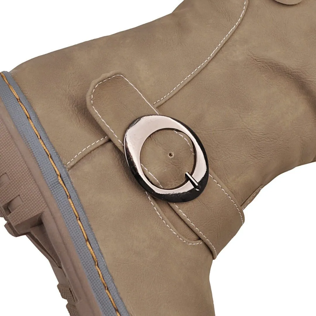Chunky Low Heel Buckle Mid Calf Boots