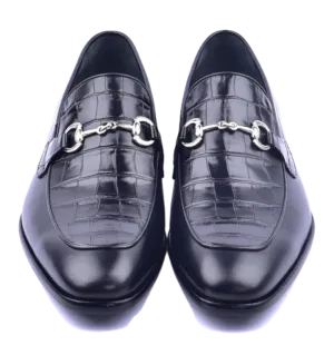 Corrente Men's Black Dress Shoes Croco Vamp bit loafer C11109-6376