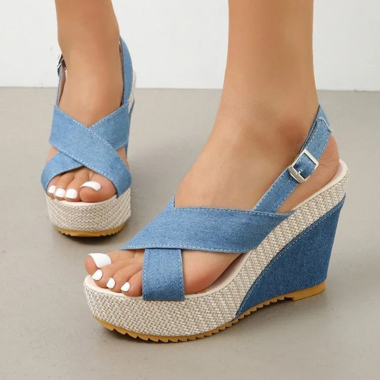 Denim peep toe wedge sandals