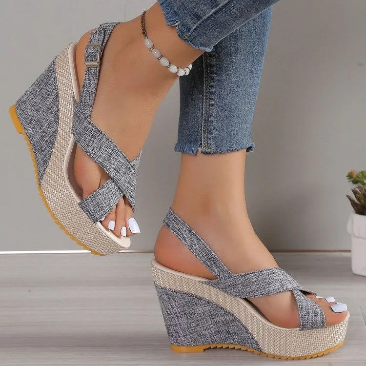 Denim peep toe wedge sandals
