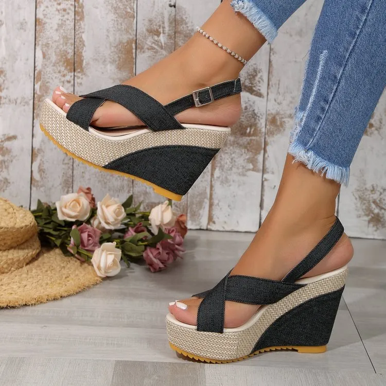 Denim peep toe wedge sandals