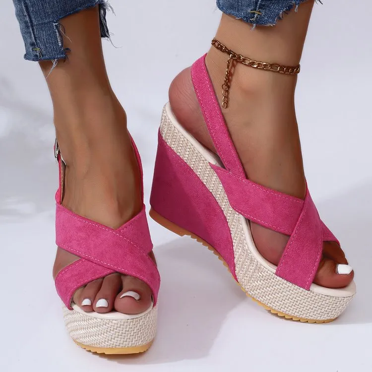 Denim peep toe wedge sandals