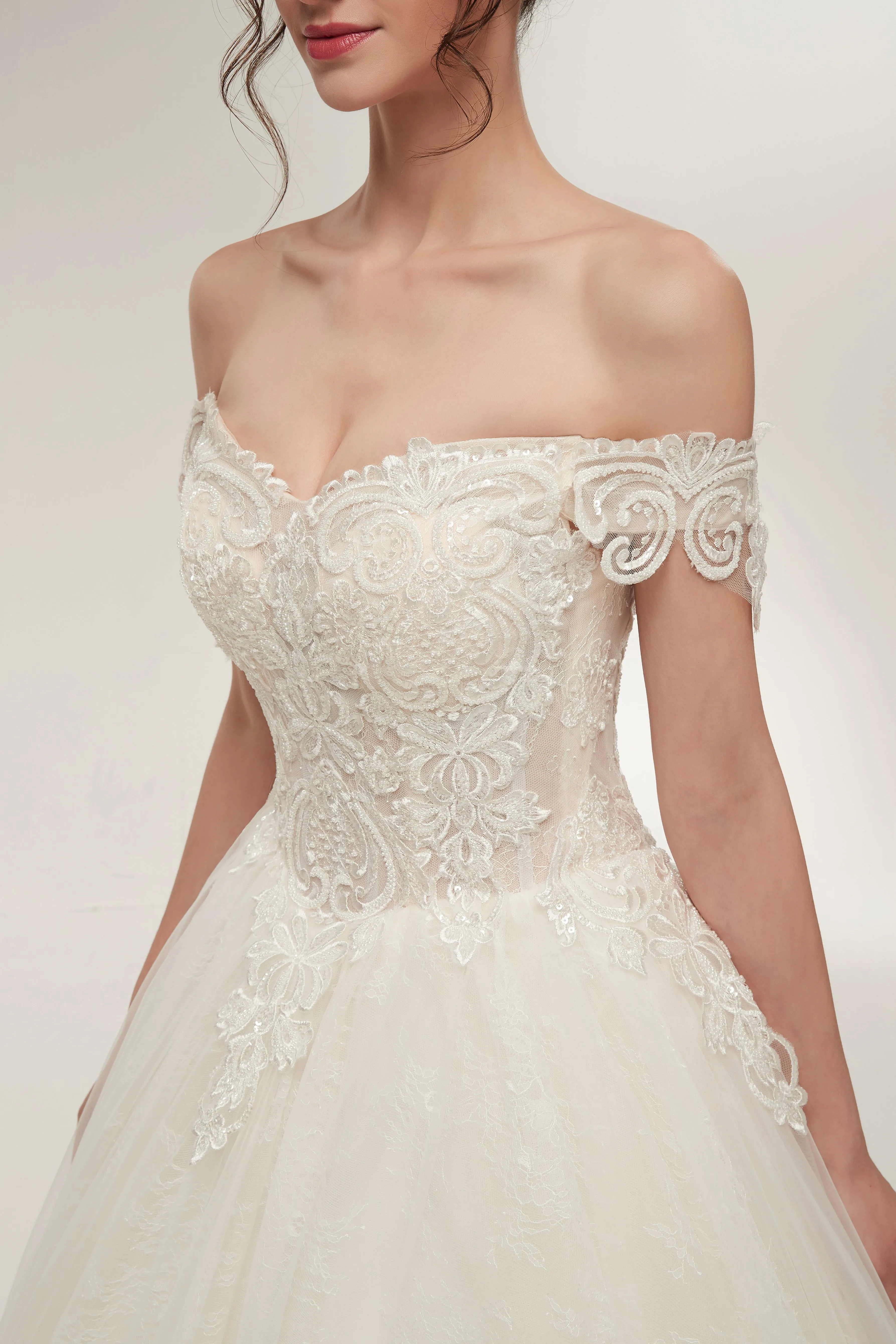 Elegant Off-Shoulder Light Champagne A-line Floor Length Lace Tulle Wedding Dresses Bridal Dress AS50638