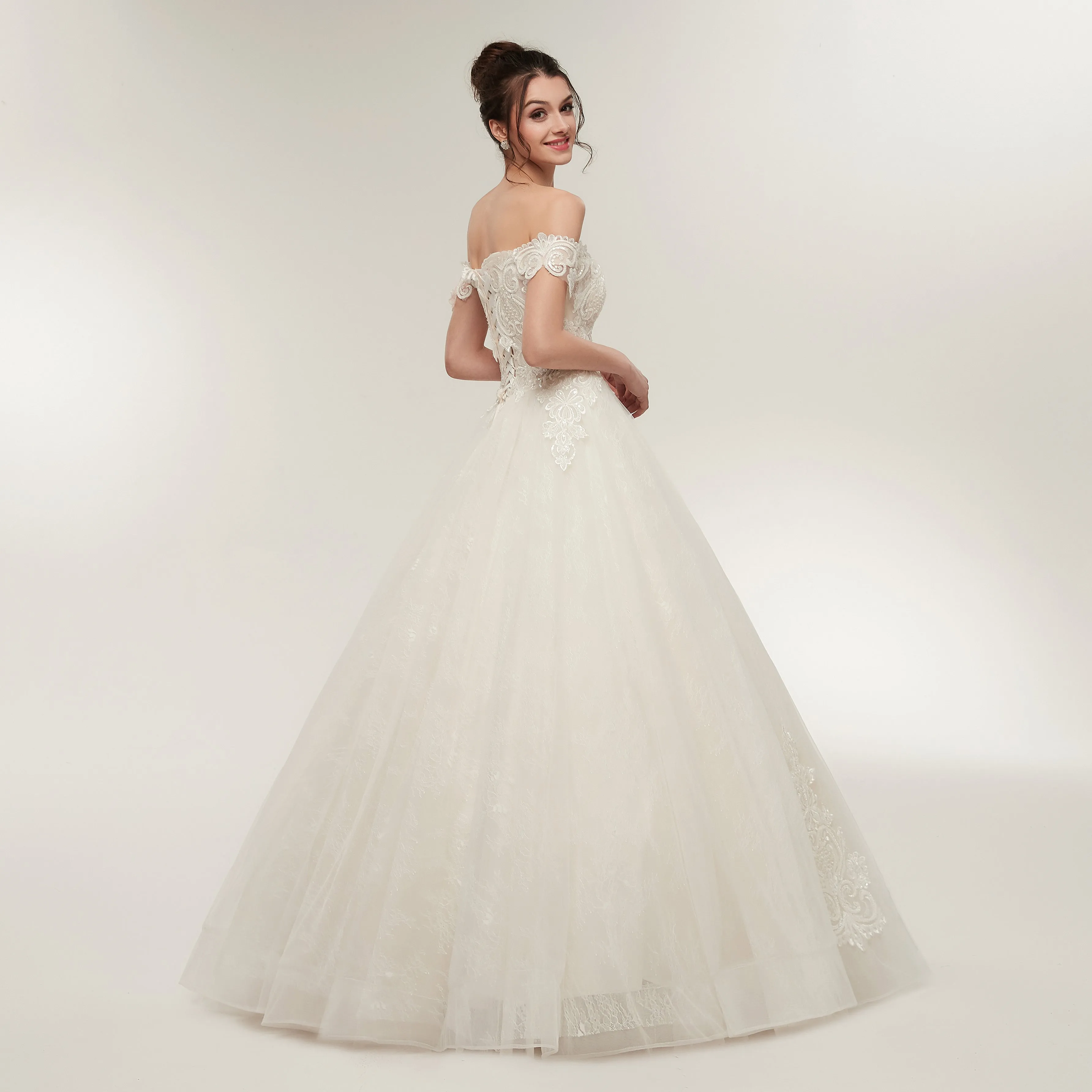 Elegant Off-Shoulder Light Champagne A-line Floor Length Lace Tulle Wedding Dresses Bridal Dress AS50638