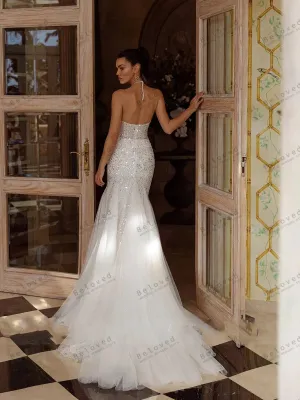 Elegant Sheath Sleeveless Sexy Backless Glitter Mermaid Wedding Dress