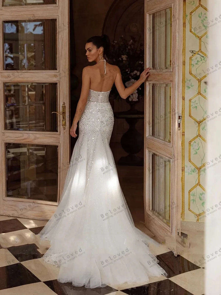 Elegant Sheath Sleeveless Sexy Backless Glitter Mermaid Wedding Dress