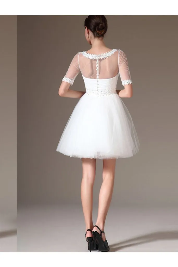 Elegant White Short Sleeves Lace Beading Beach Wedding Dresses PFW0303