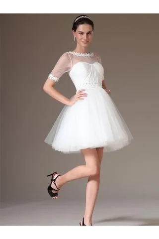 Elegant White Short Sleeves Lace Beading Beach Wedding Dresses PFW0303