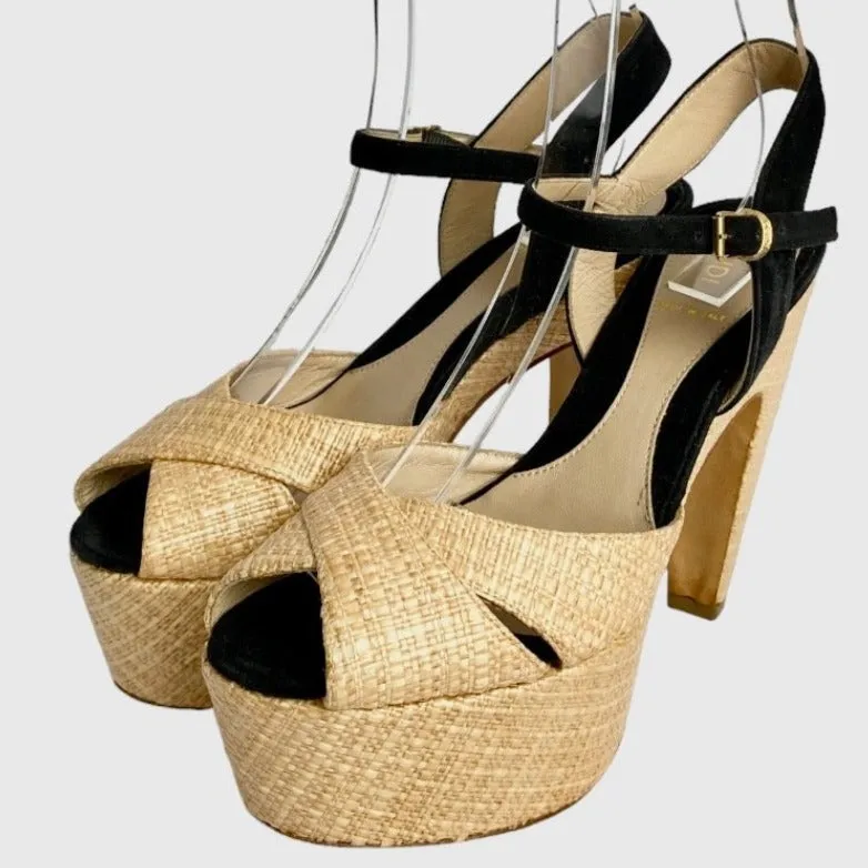 FENDI Beige Straw, Black Suede Ankle Strap Platform Heels Sandals, Size 37