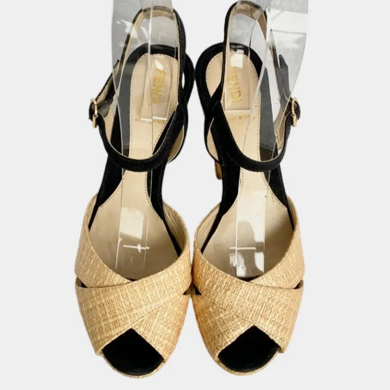FENDI Beige Straw, Black Suede Ankle Strap Platform Heels Sandals, Size 37