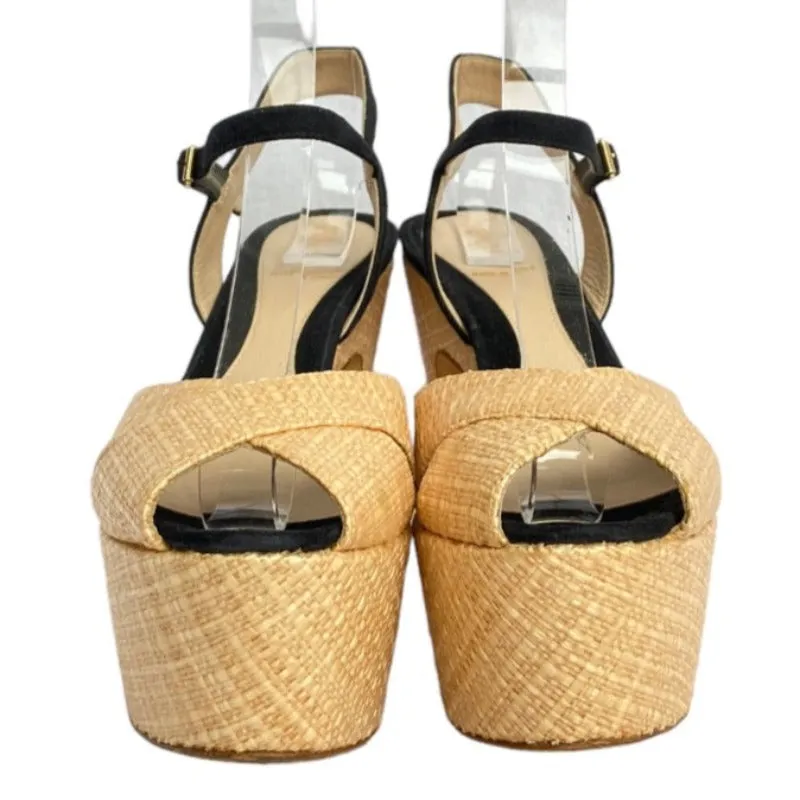 FENDI Beige Straw, Black Suede Ankle Strap Platform Heels Sandals, Size 37